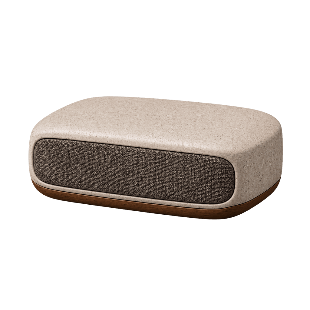 Low rounded stone bridge with a dark fabric front and walnut base.