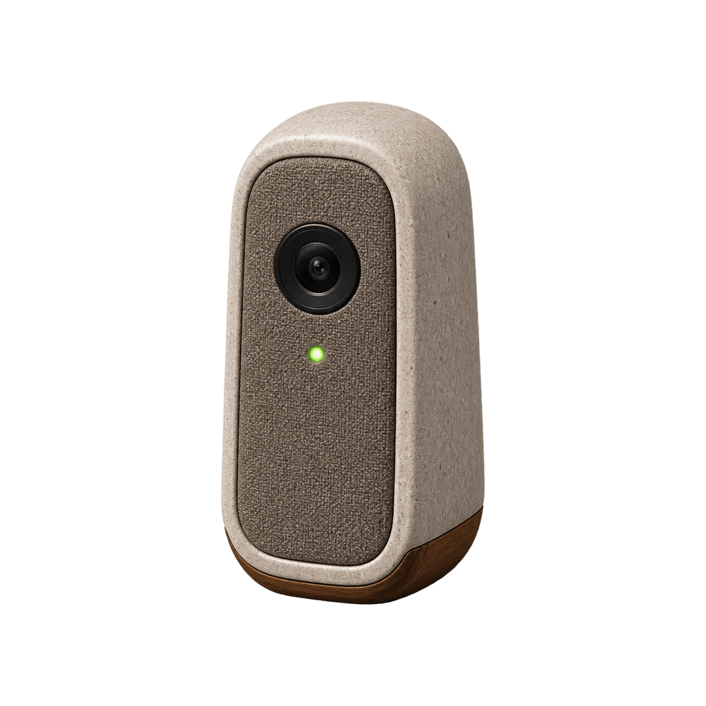 Slender stone doorbell with a fabric face, camera lens, and green indicator.