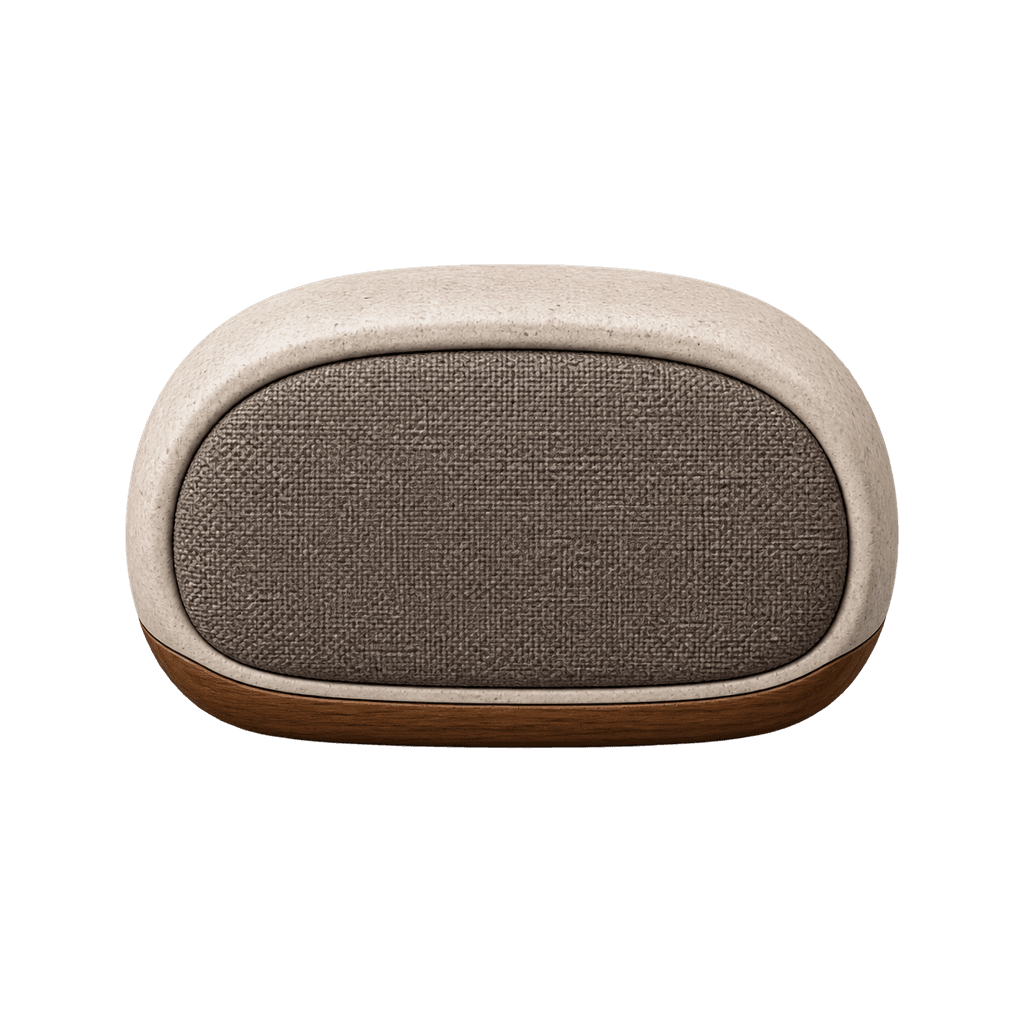 Wide stone room speaker with a fabric face and walnut base.