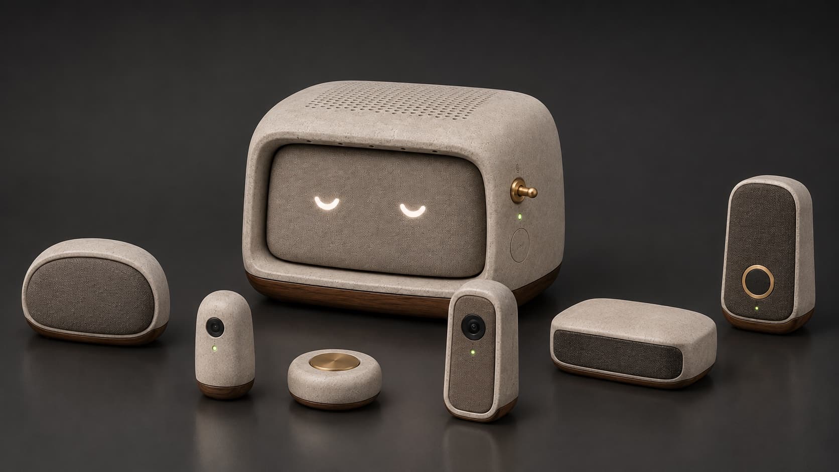 Domovoy with room, sensor, button, doorbell, bridge, and energy accessories in a graphite studio.