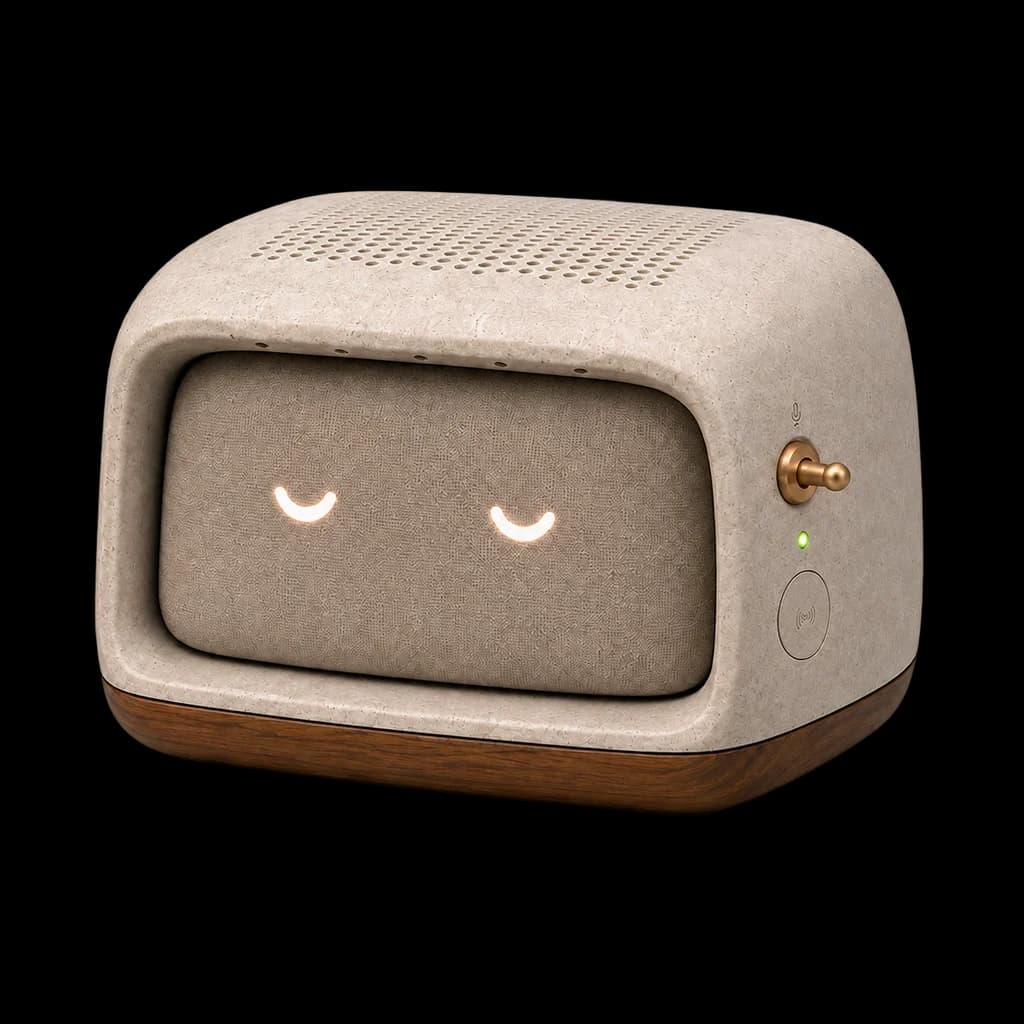Domovoy in three-quarter view, with a stone shell, walnut base, and glowing eyes.