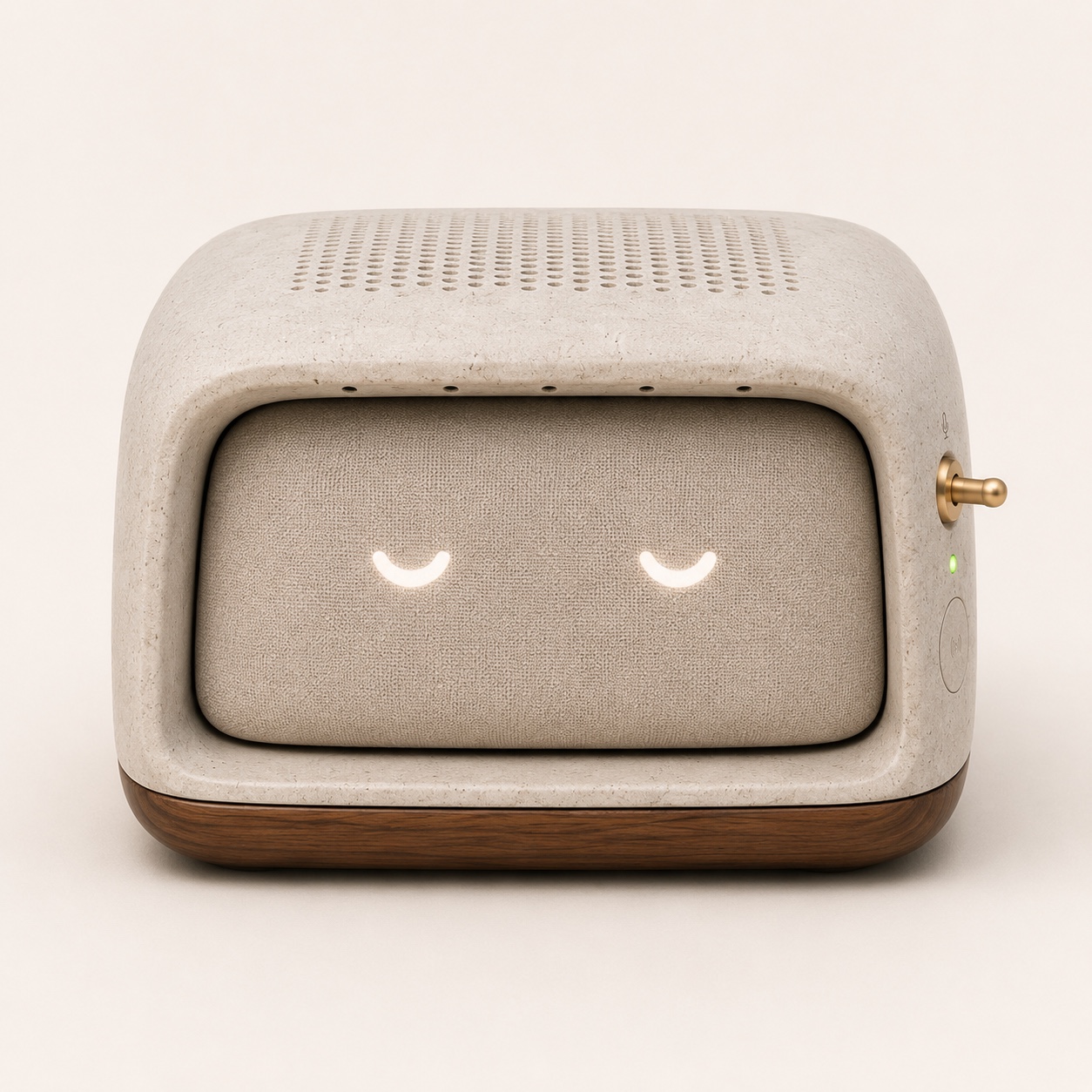 Concept render of Domovoy from the front: a warm stone shell over a fabric face with two lit crescents, on a walnut base.
